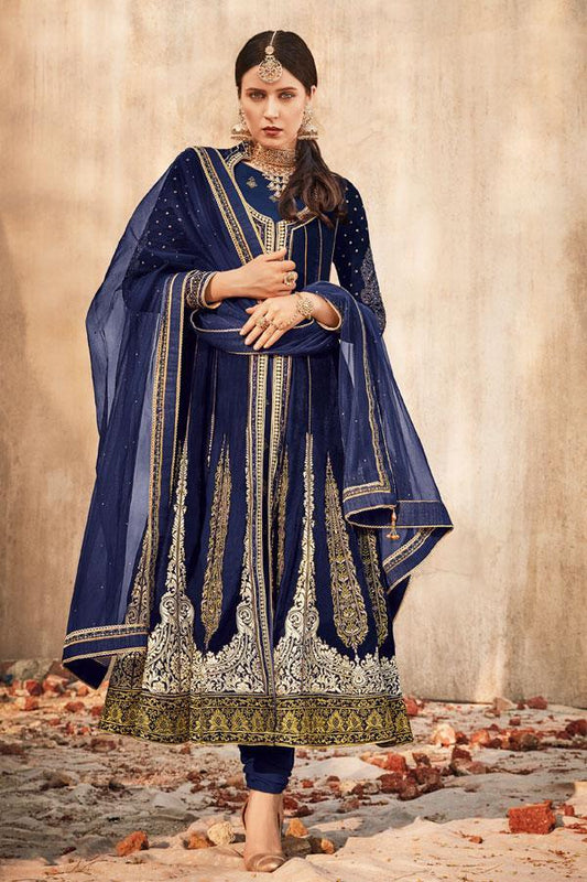 Royal-Blue and Golden Party wear Anarkali  Suit