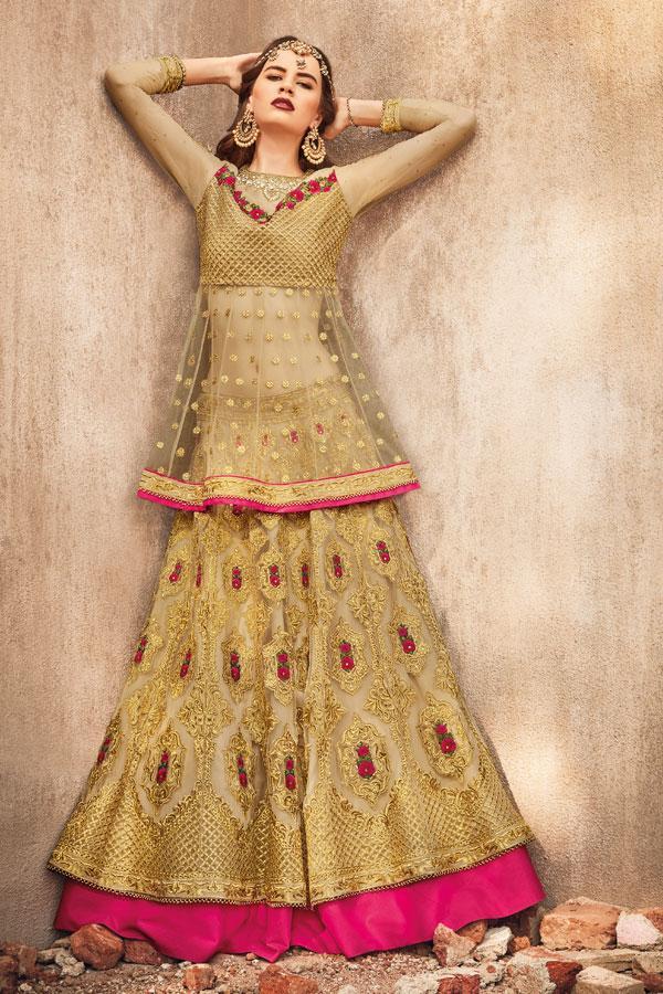Golden Party wear Lehenga Style Anarkali Suit