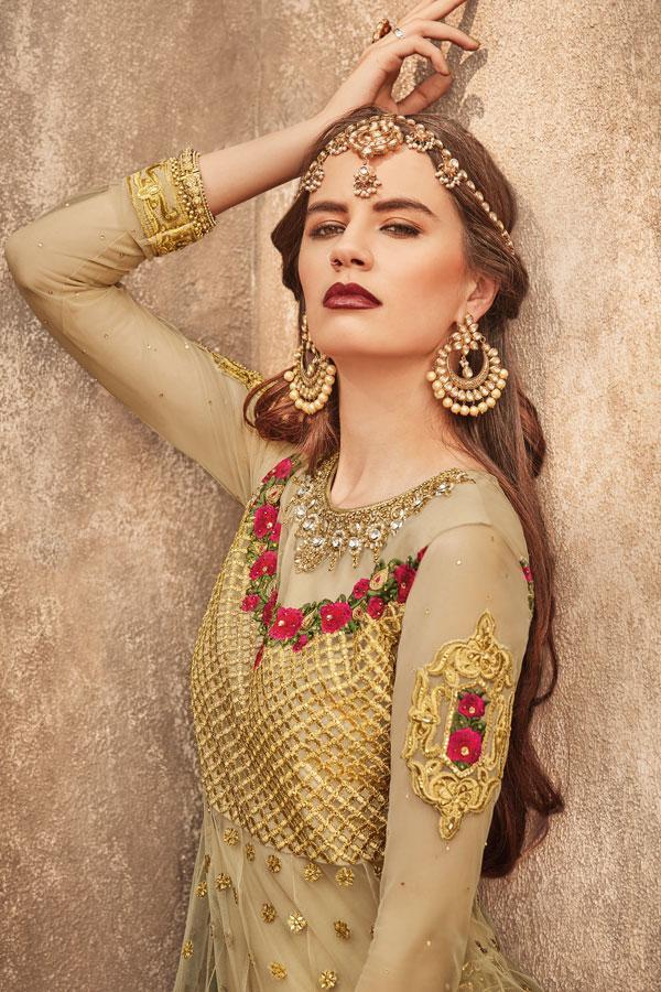 Golden Party wear Lehenga Style Anarkali Suit