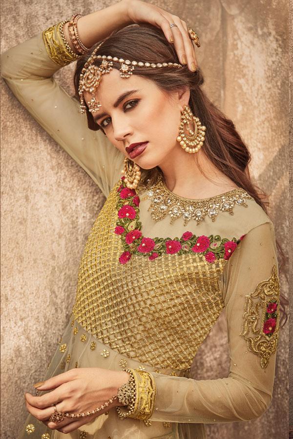 Golden Party wear Lehenga Style Anarkali Suit