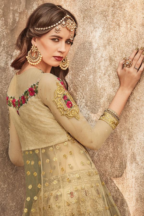 Golden Party wear Lehenga Style Anarkali Suit