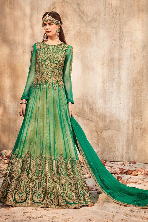 Dark Green colored Party wear Anarkali Suit with net duppatta