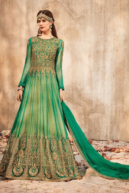 Dark Green colored Party wear Anarkali Suit with net duppatta