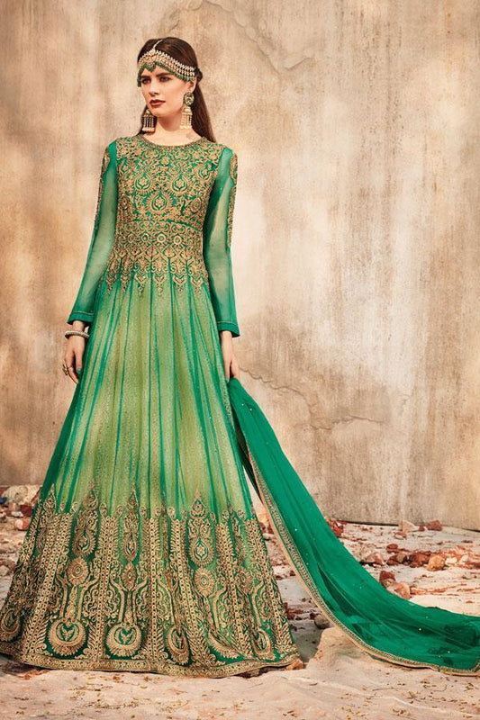 Dark Green colored Party wear Anarkali Suit with net duppatta