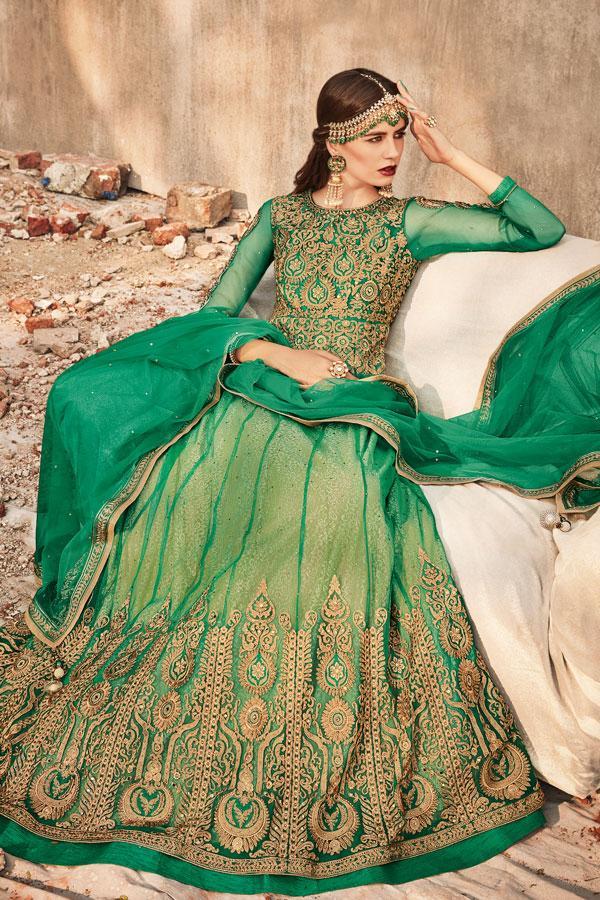 Dark Green colored Party wear Anarkali Suit with net duppatta