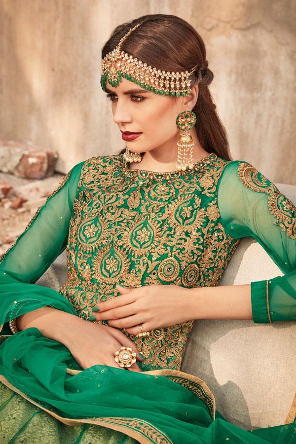 Dark Green colored Party wear Anarkali Suit with net duppatta