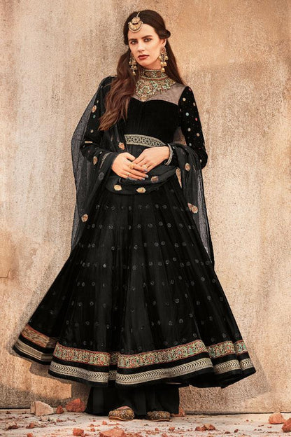 Mid-night Black colored Party wear Anarkali Suit with net duppatta