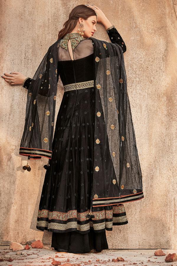 Mid-night Black colored Party wear Anarkali Suit with net duppatta