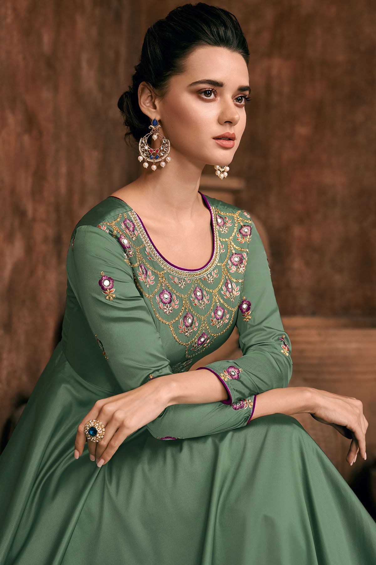 Fern Green Reyon Party Wear Anarkali Suit