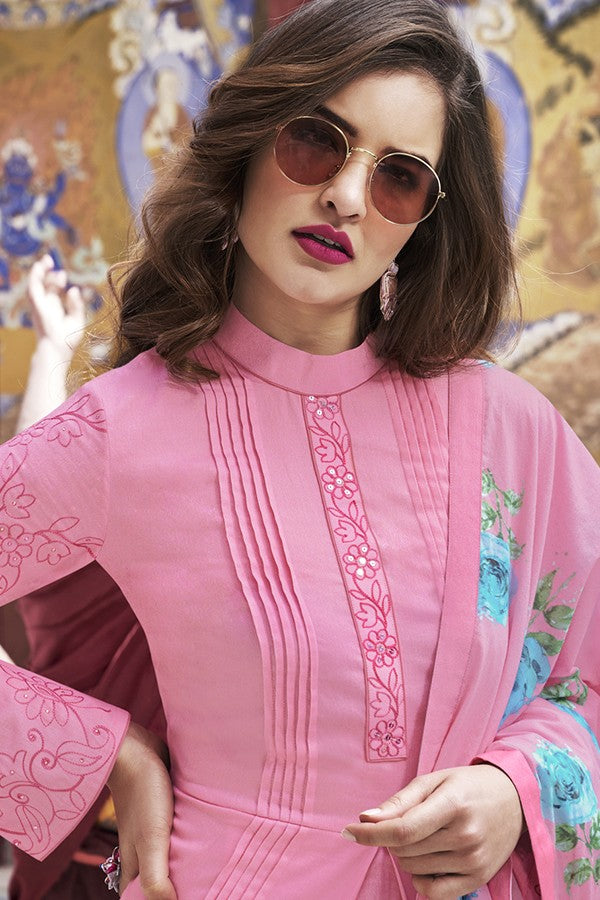 Fetching Pink Casual Cotton Straight Suit