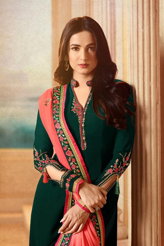 Fabulous Green and Coral Pink Georgette Party Wear suit
