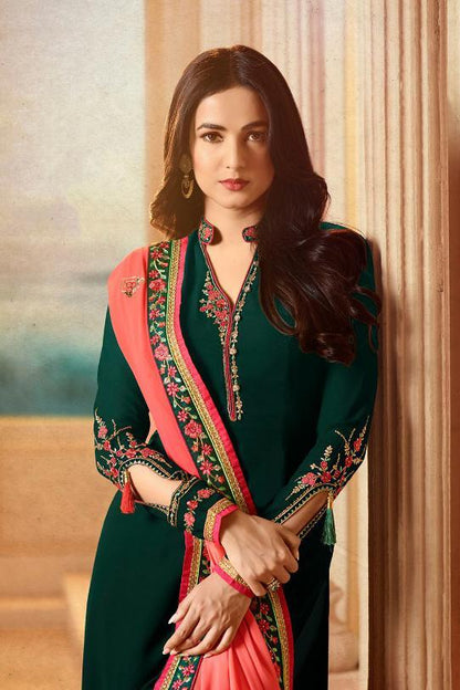 Fabulous Green and Coral Pink Georgette Party Wear suit