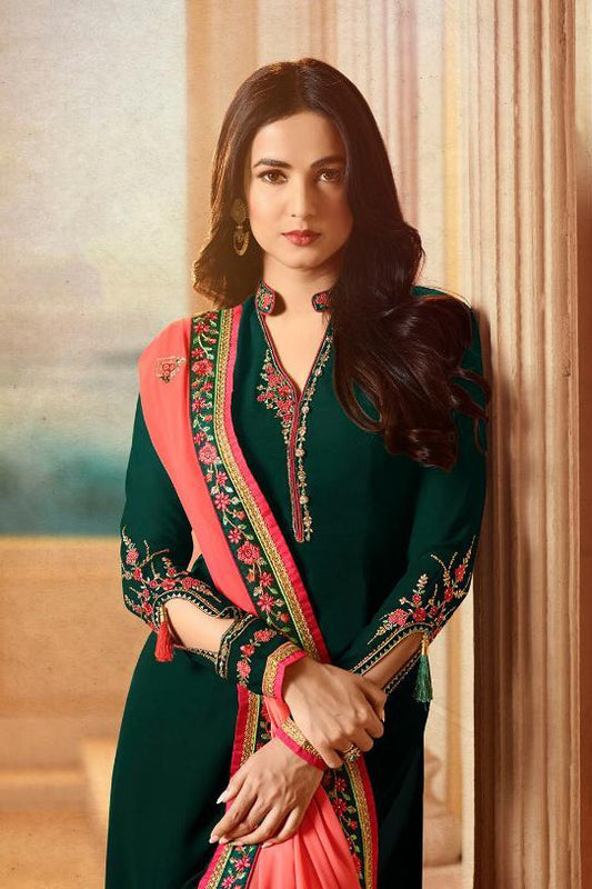 Fabulous Green and Coral Pink Georgette Party Wear suit