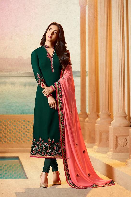 Fabulous Green and Coral Pink Georgette Party Wear suit