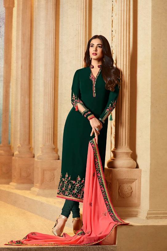 Fabulous Green and Coral Pink Georgette Party Wear suit