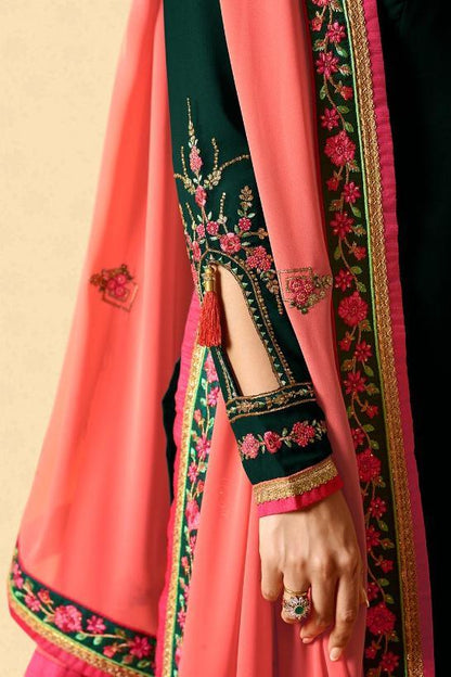 Fabulous Green and Coral Pink Georgette Party Wear suit