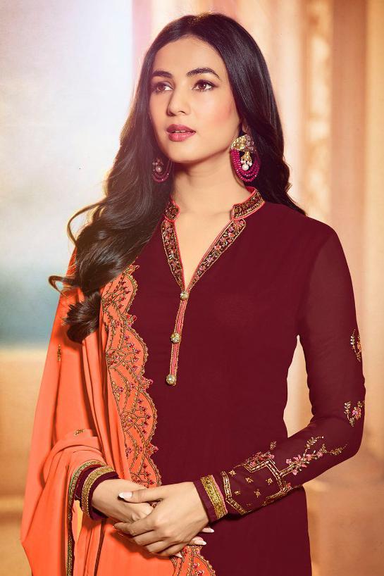 Maroon and Orange Georgette Party Wear suit