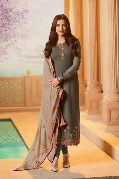 Grey Georgette Party Wear suit with threadwork