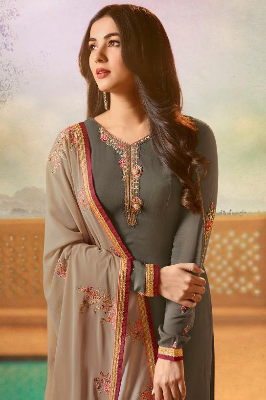 Grey Georgette Party Wear suit with threadwork