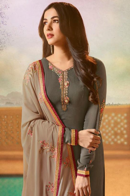 Grey Georgette Party Wear suit with threadwork
