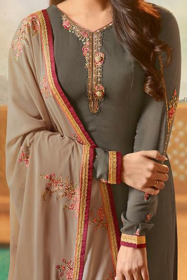 Grey Georgette Party Wear suit with threadwork