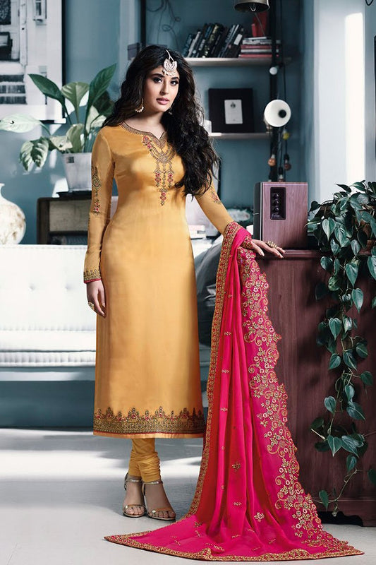 Beige and Pink Satin Georgette Party Wear Suit