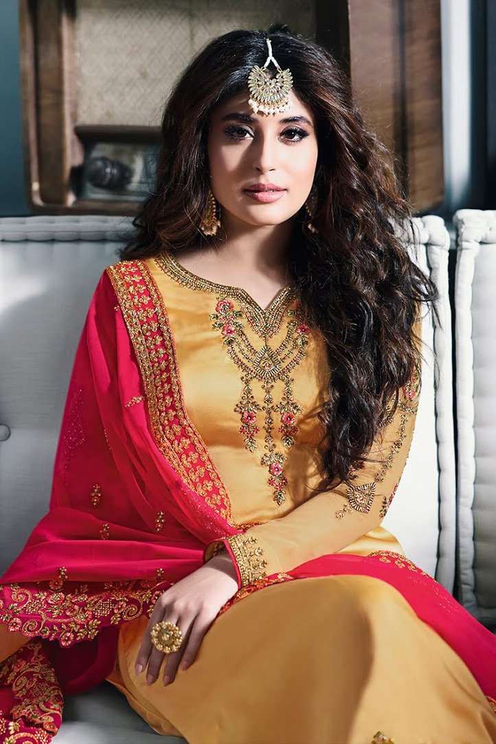 Beige and Pink Satin Georgette Party Wear Suit