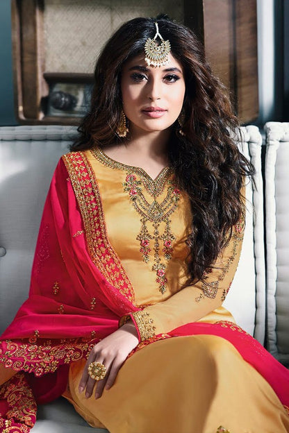 Beige and Pink Satin Georgette Party Wear Suit