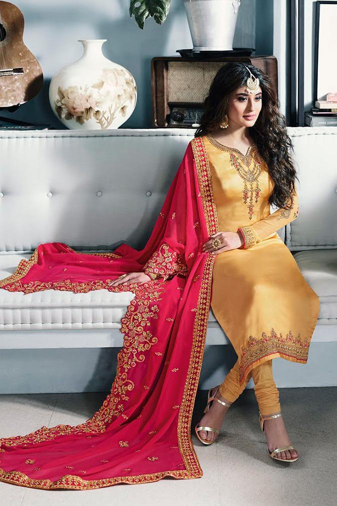 Beige and Pink Satin Georgette Party Wear Suit