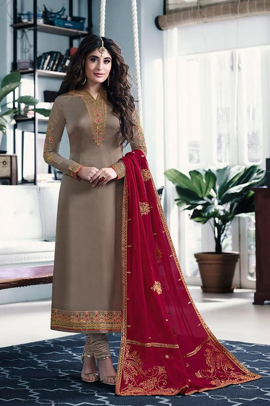 Pewter Gray and Magenta Satin Georgette Suit