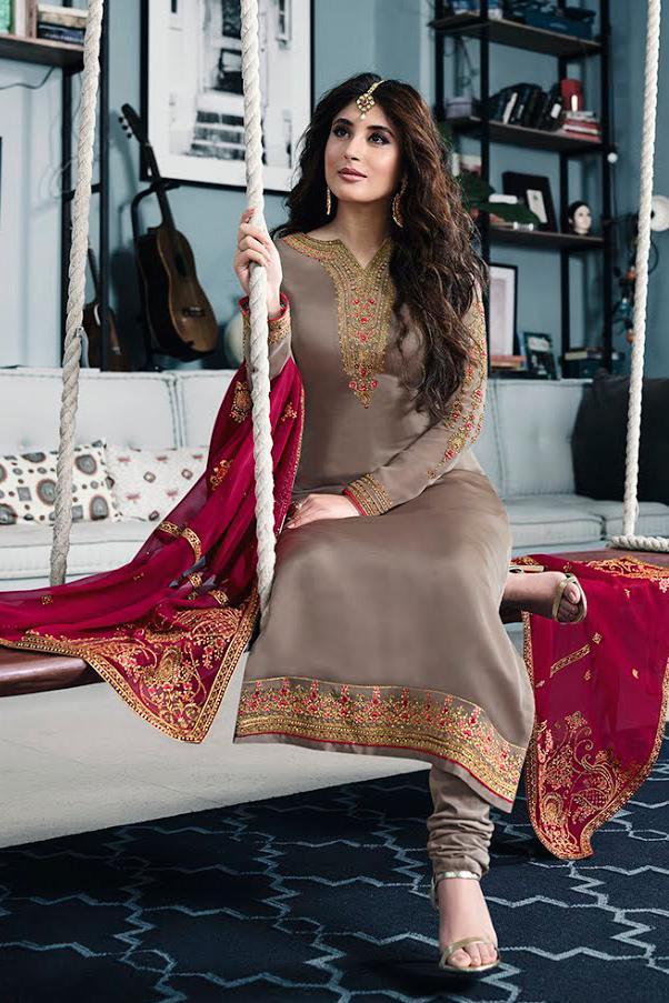 Pewter Gray and Magenta Satin Georgette Suit