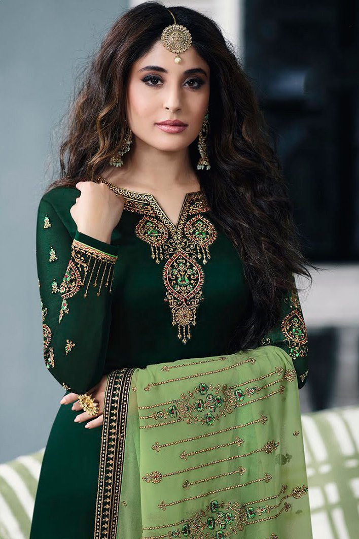 Dark and Mint Green Satin georgette Suit