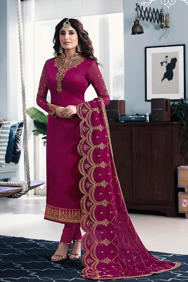 Magenta Green Satin georgette Party Wear Suit