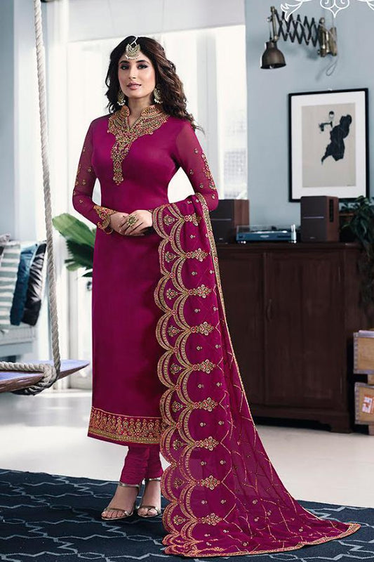 Magenta Green Satin georgette Party Wear Suit