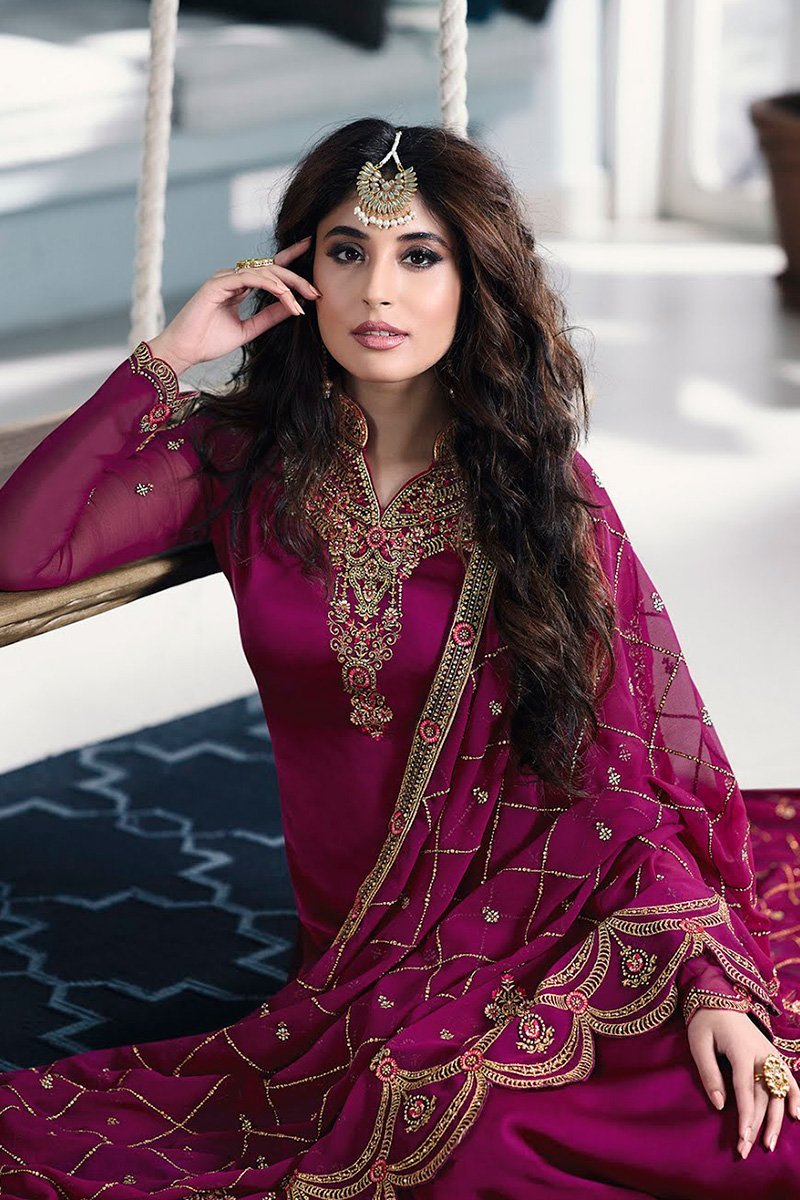 Magenta Green Satin georgette Party Wear Suit