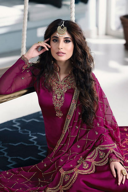Magenta Green Satin georgette Party Wear Suit