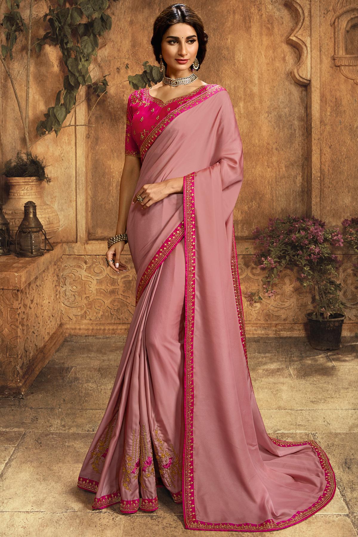 Flamingo Pink And Rani Designer Silk Sari
