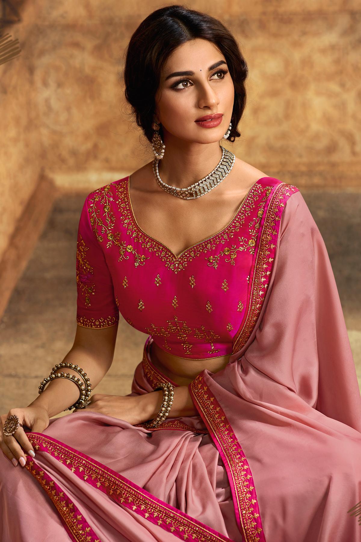 Flamingo Pink And Rani Designer Silk Sari