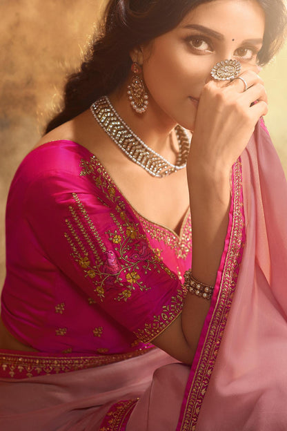 Flamingo Pink And Rani Designer Silk Sari