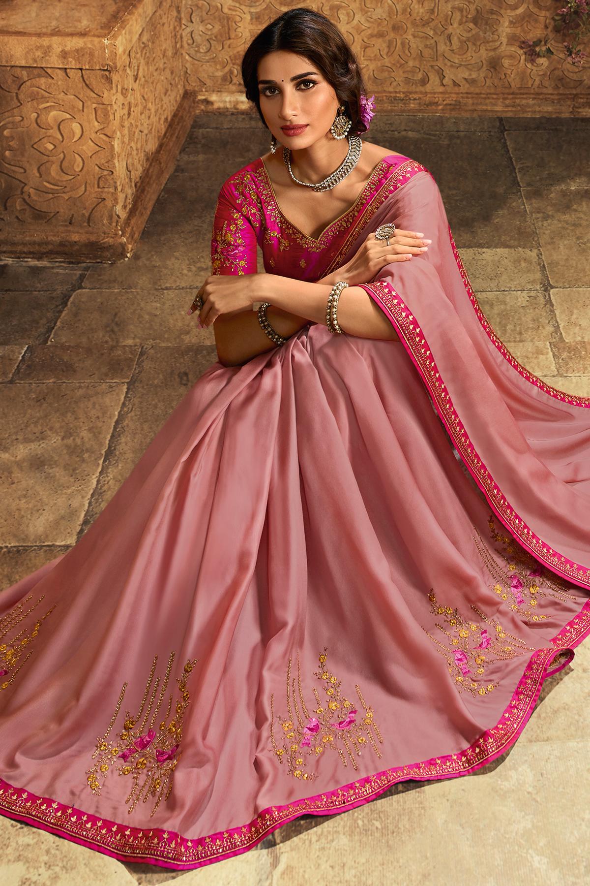 Flamingo Pink And Rani Designer Silk Sari