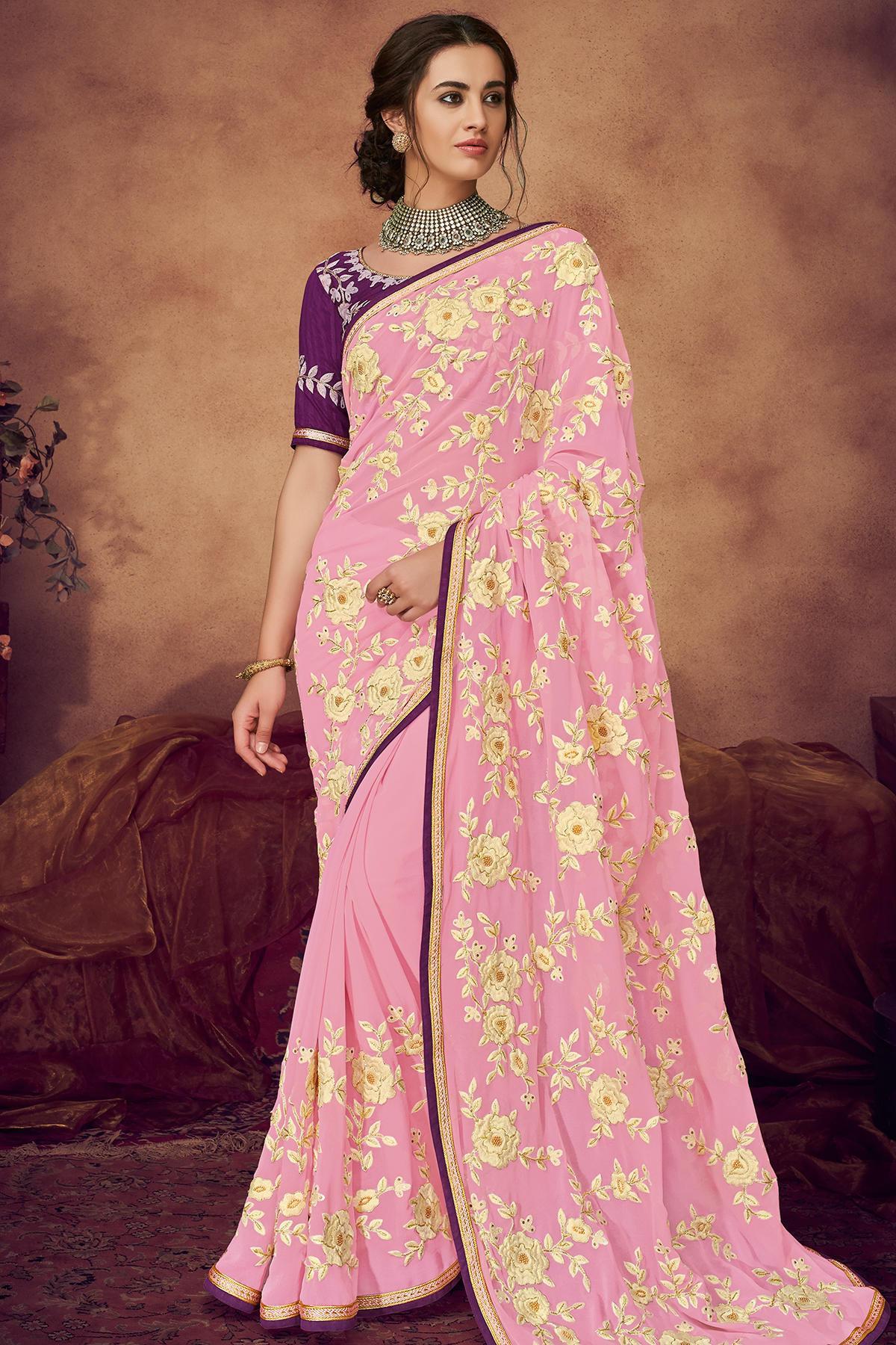 Flamingo Pink And Violet Designer Saree