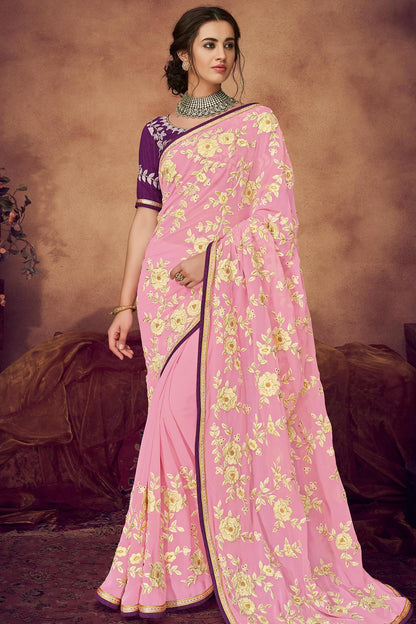 Flamingo Pink And Violet Designer Saree