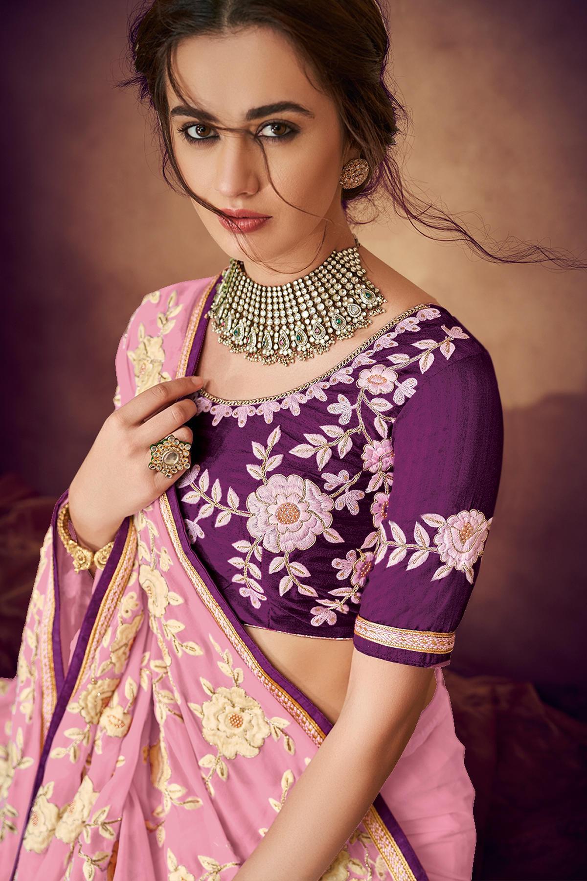 Flamingo Pink And Violet Designer Saree