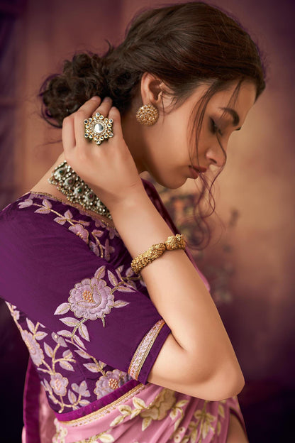 Flamingo Pink And Violet Designer Saree