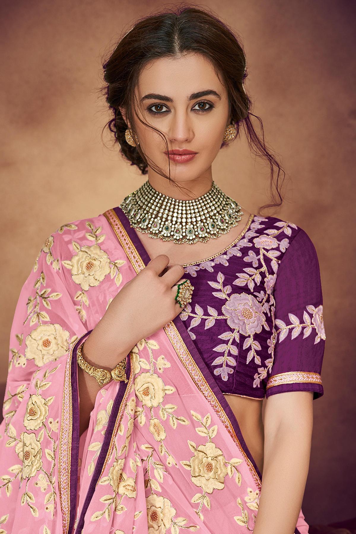 Flamingo Pink And Violet Designer Saree