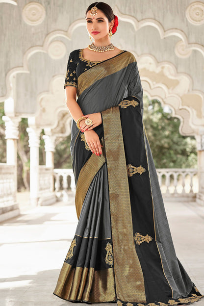 Flint Grey and Black Designer Fancy Fabric Sari