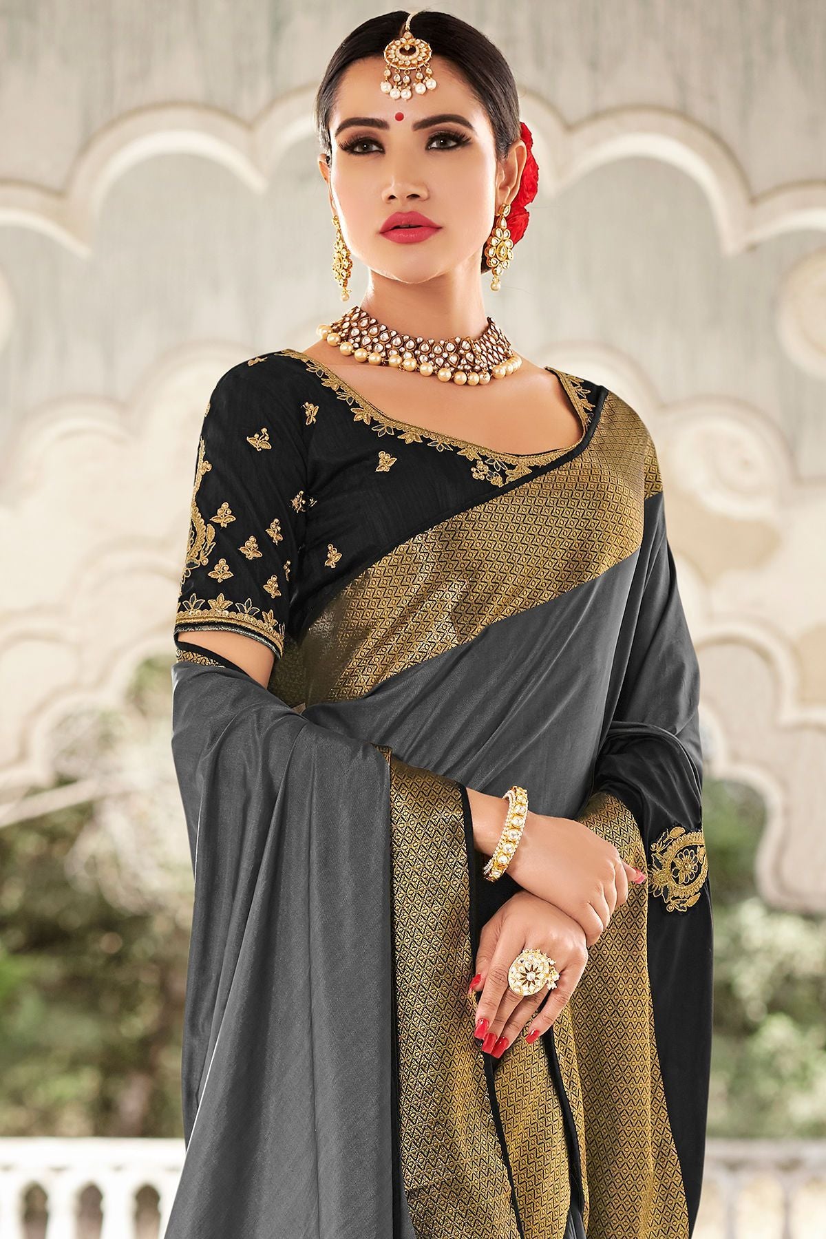 Flint Grey and Black Designer Fancy Fabric Sari