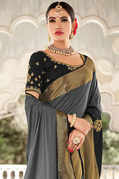 Flint Grey and Black Designer Fancy Fabric Sari