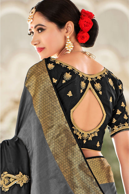 Flint Grey and Black Designer Fancy Fabric Sari