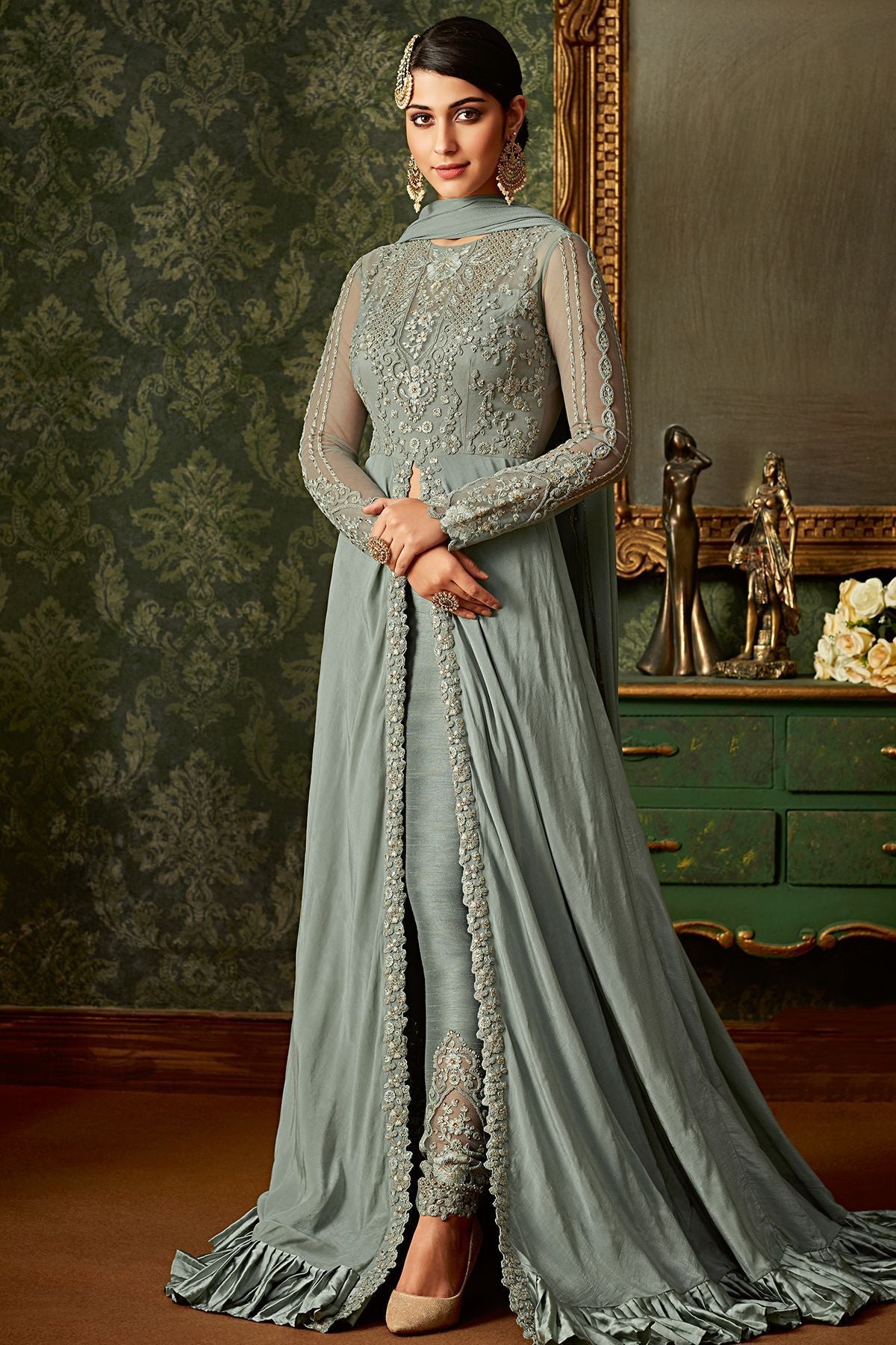 Flint Grey Embroidered Slit Cut Suit